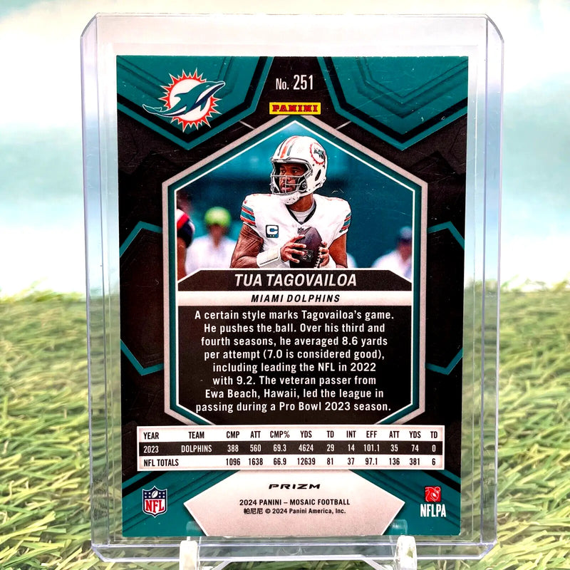 Tua Tagovailoa trading card from 2024 Panini Mosaic National Pride Yellow Prizm