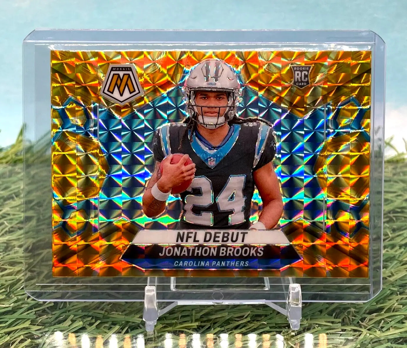 Gold and rainbow Carolina Panthers rookie trading card from Panini Mosaic NFL Reactive Yellow Mosaic