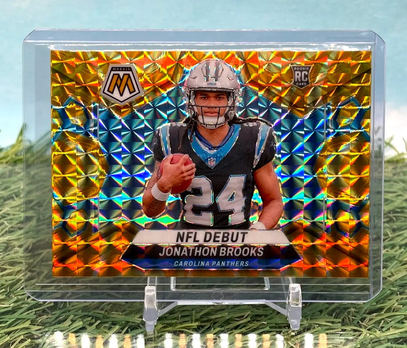 Gold and rainbow Carolina Panthers rookie trading card from Panini Mosaic NFL Reactive Yellow Mosaic