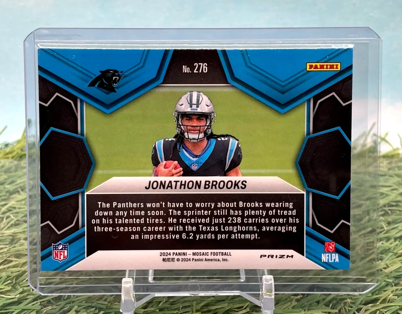 NFL trading card of Jonathon Brooks in Carolina Panthers blue and black, Panini Mosaic NFL