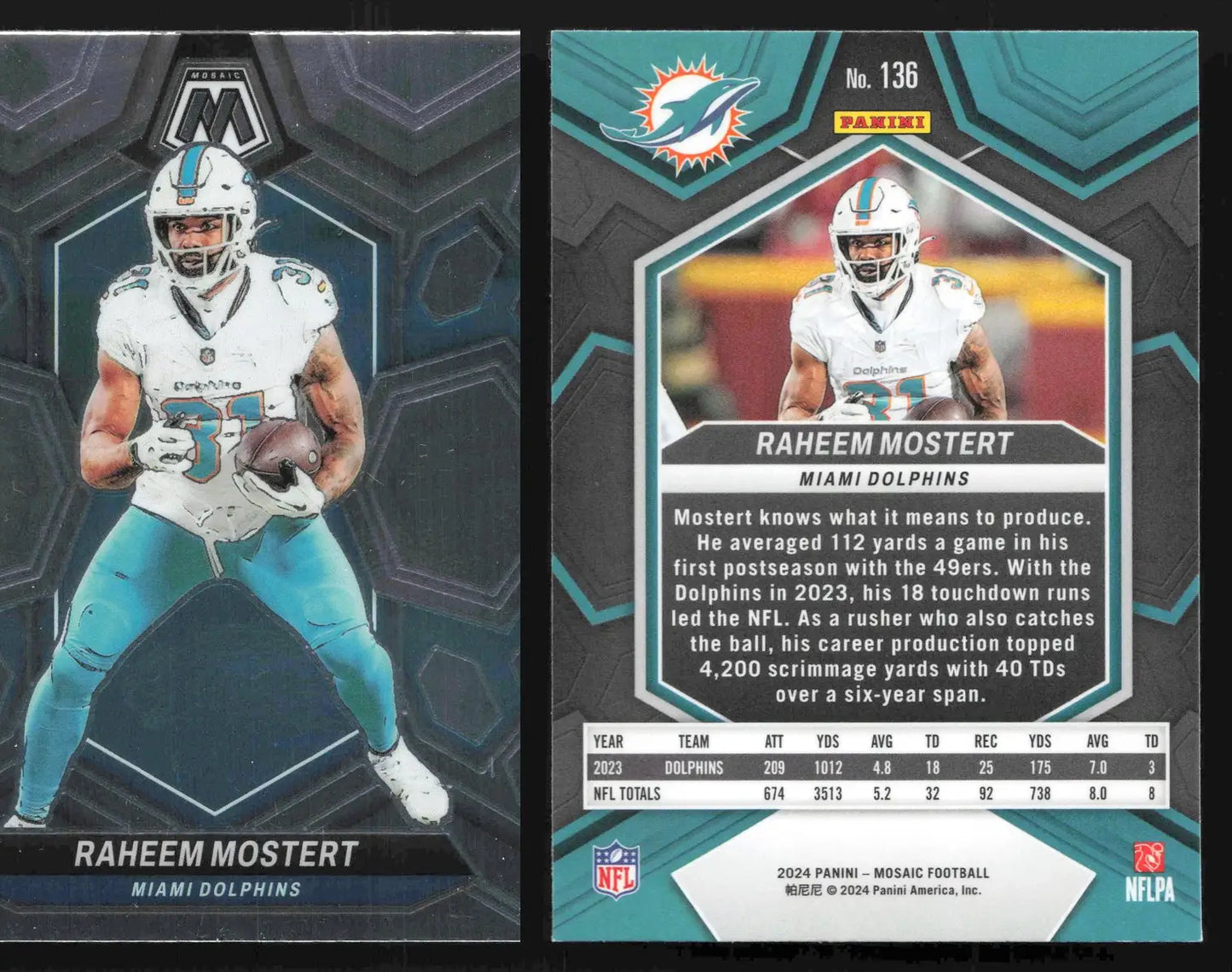 2024 Panini Mosaic RAHEEM MOSTERT #136 Miami Dolphins - Football Card Single