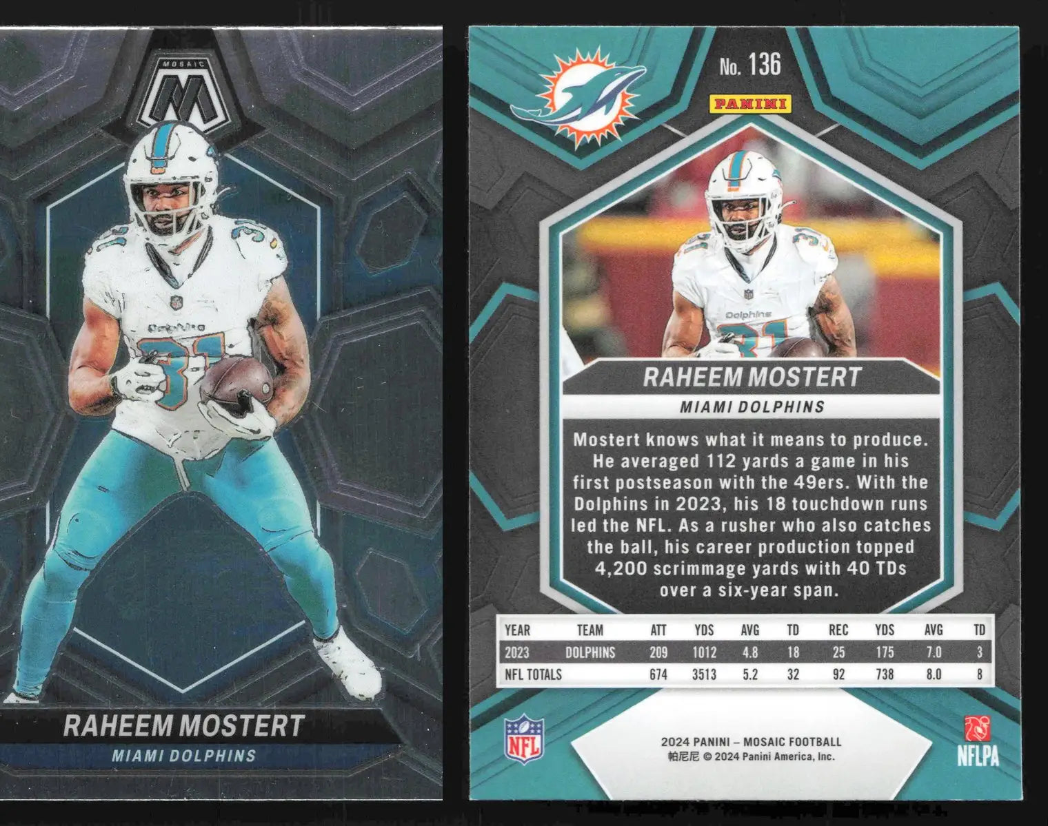 2024 Panini Mosaic RAHEEM MOSTERT #136 Miami Dolphins - Football Card Single