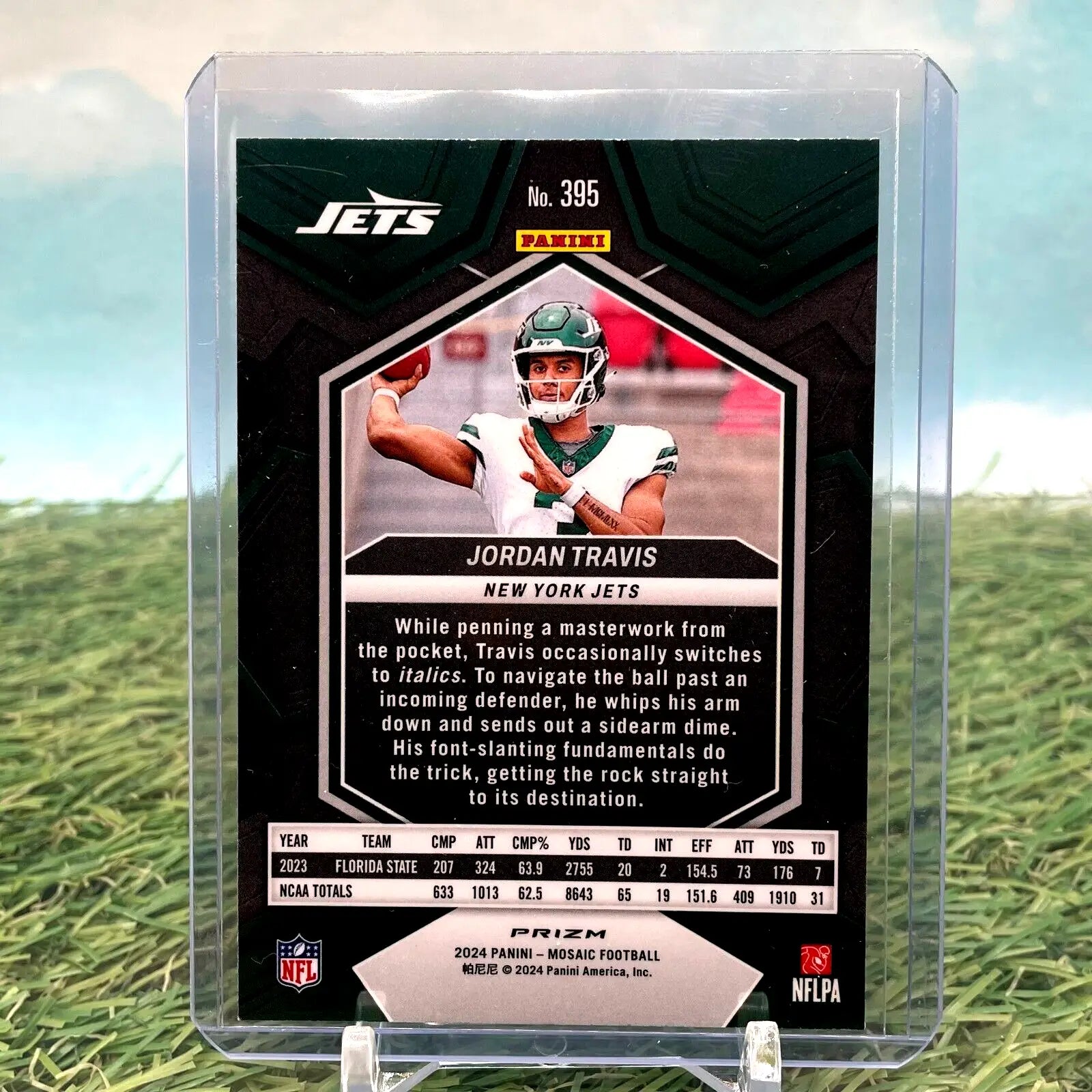 Football trading card of Jordan Travis in protective holder from Panini Mosaic Green Prizm