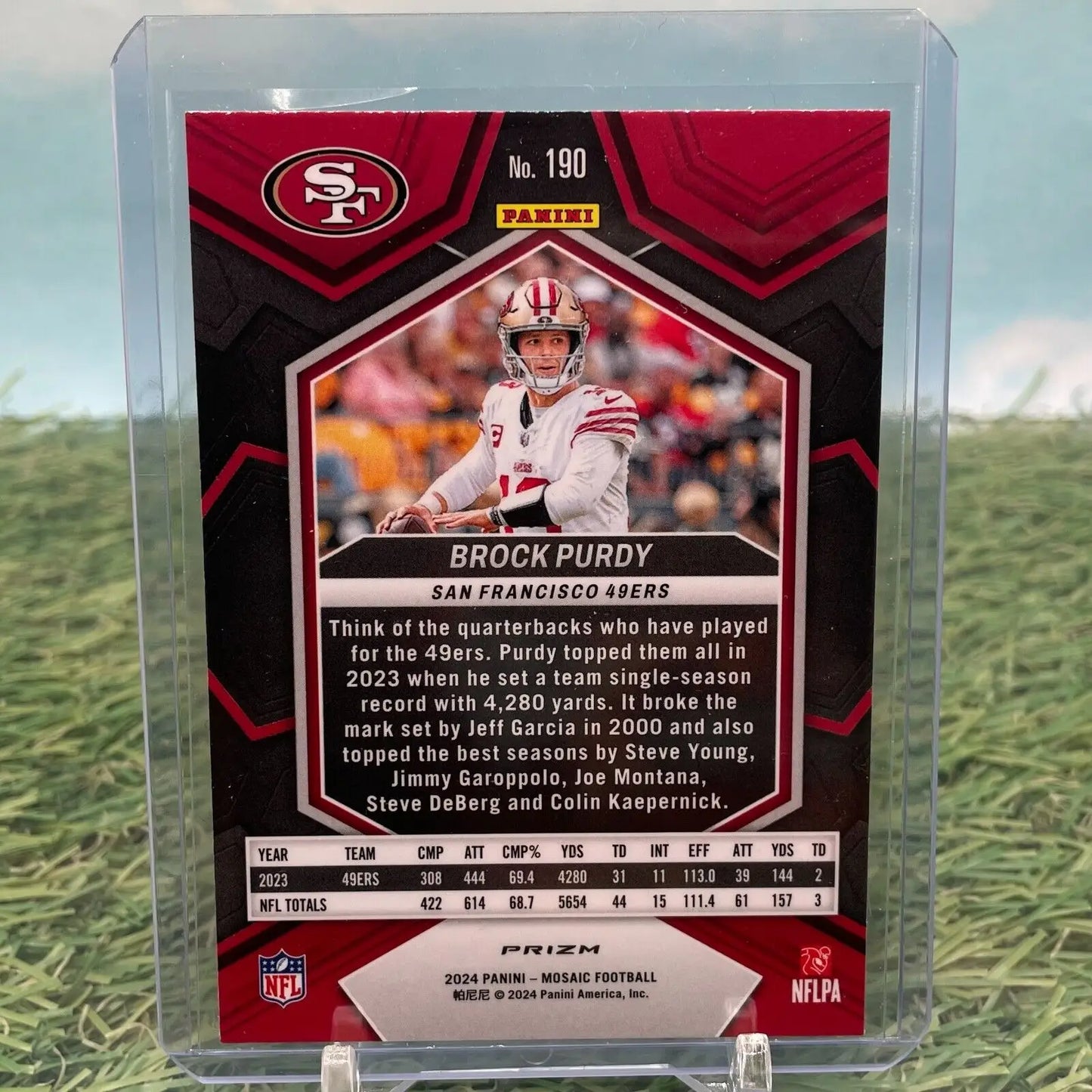 NFL trading card of Brock Purdy in Panini Mosaic Silver Prizm design with red and black