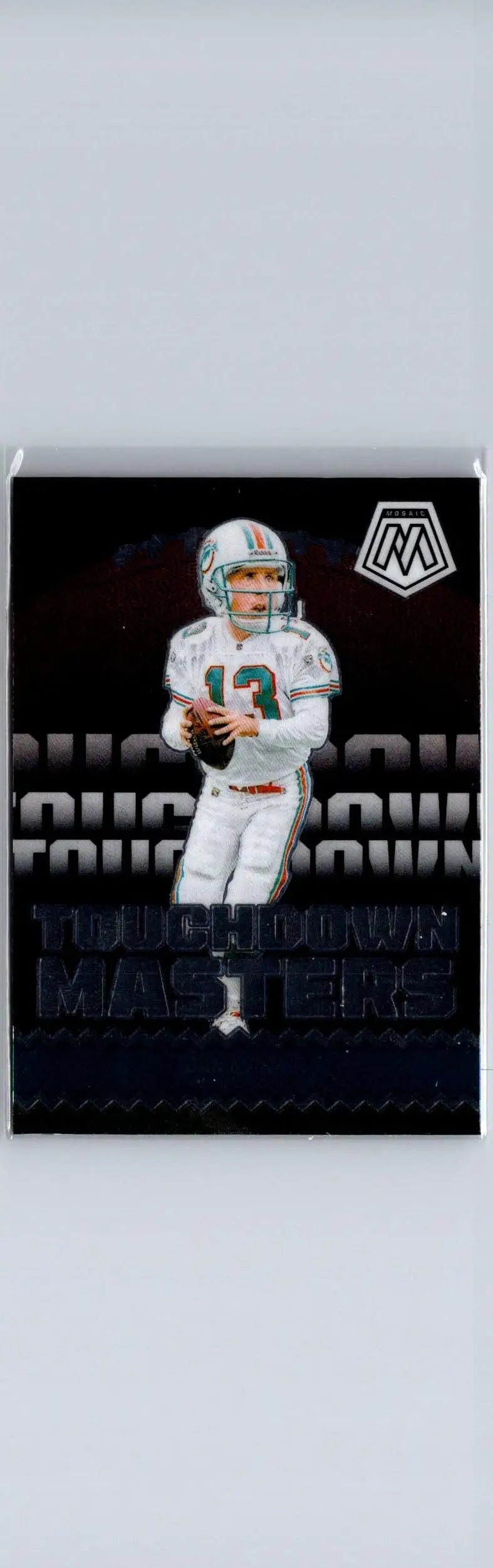 Football trading card featuring Dan Marino in white and teal uniform from Marino Touchdown Masters
