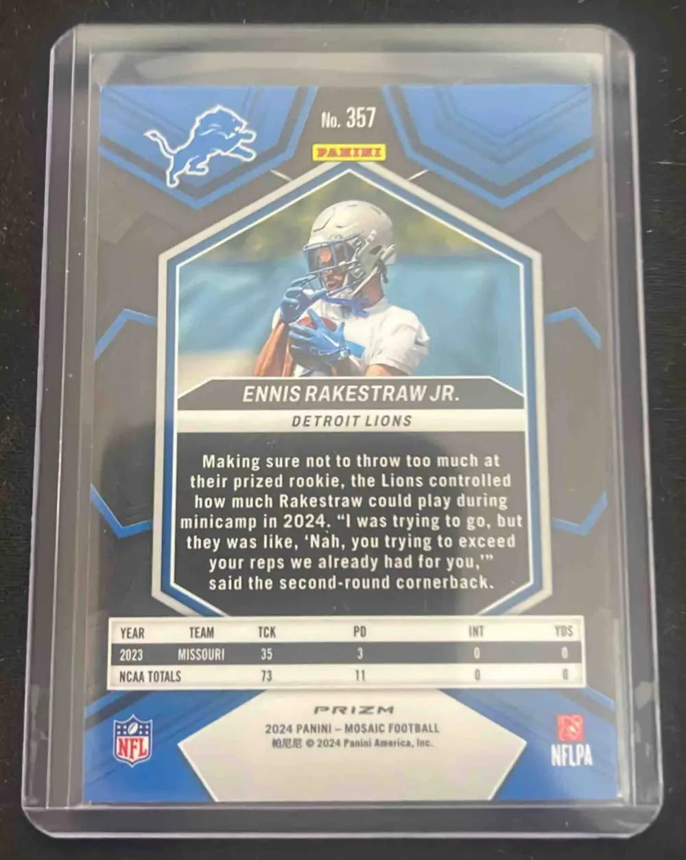 Football trading card of Ennis Rakestraw Jr. for Detroit Lions, 2024 Panini Mosiac Silver Prizm