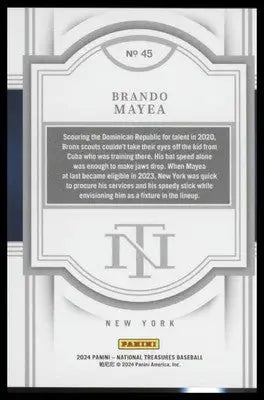 2024 Panini National Treasures #45 Brando Mayea Holo Silver #/49 - Baseball Card Single