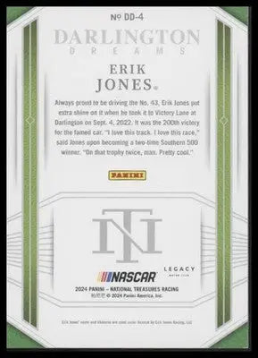 2024 Panini National Treasures #DD-4 Erik Jones Darlington Dreams Green #/5 - Racing Card Single
