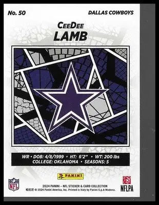 2024 Panini NFL Sticker & Card #50 CeeDee Lamb Dallas Cowboys Veteran WR