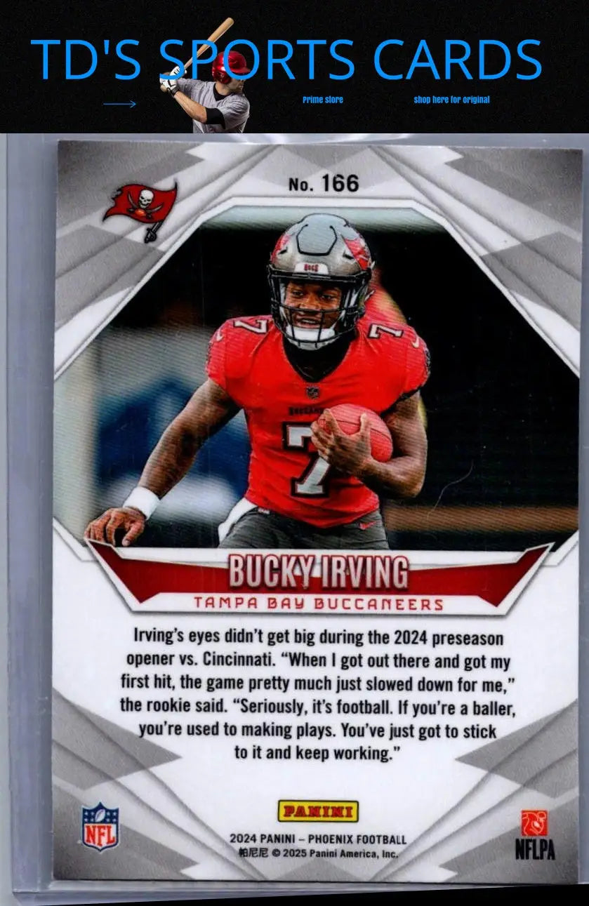 2024 Panini Phoenix Bucky Irving football card showcasing team memorabilia