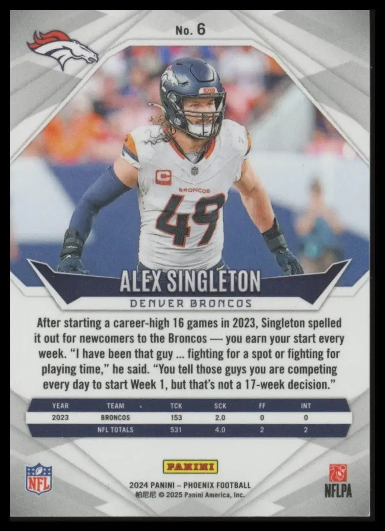 2024 Panini Phoenix Purple Alex Singleton #6 Denver Broncos Football Card NFL
