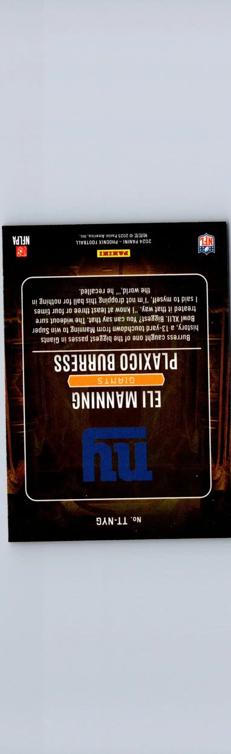 Football trading card featuring Eli Manning and Plaxico Burress Treasured Tandems