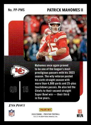 Patrick Mahomes II football trading card from Panini Prestige 2024 Prestigious Pros