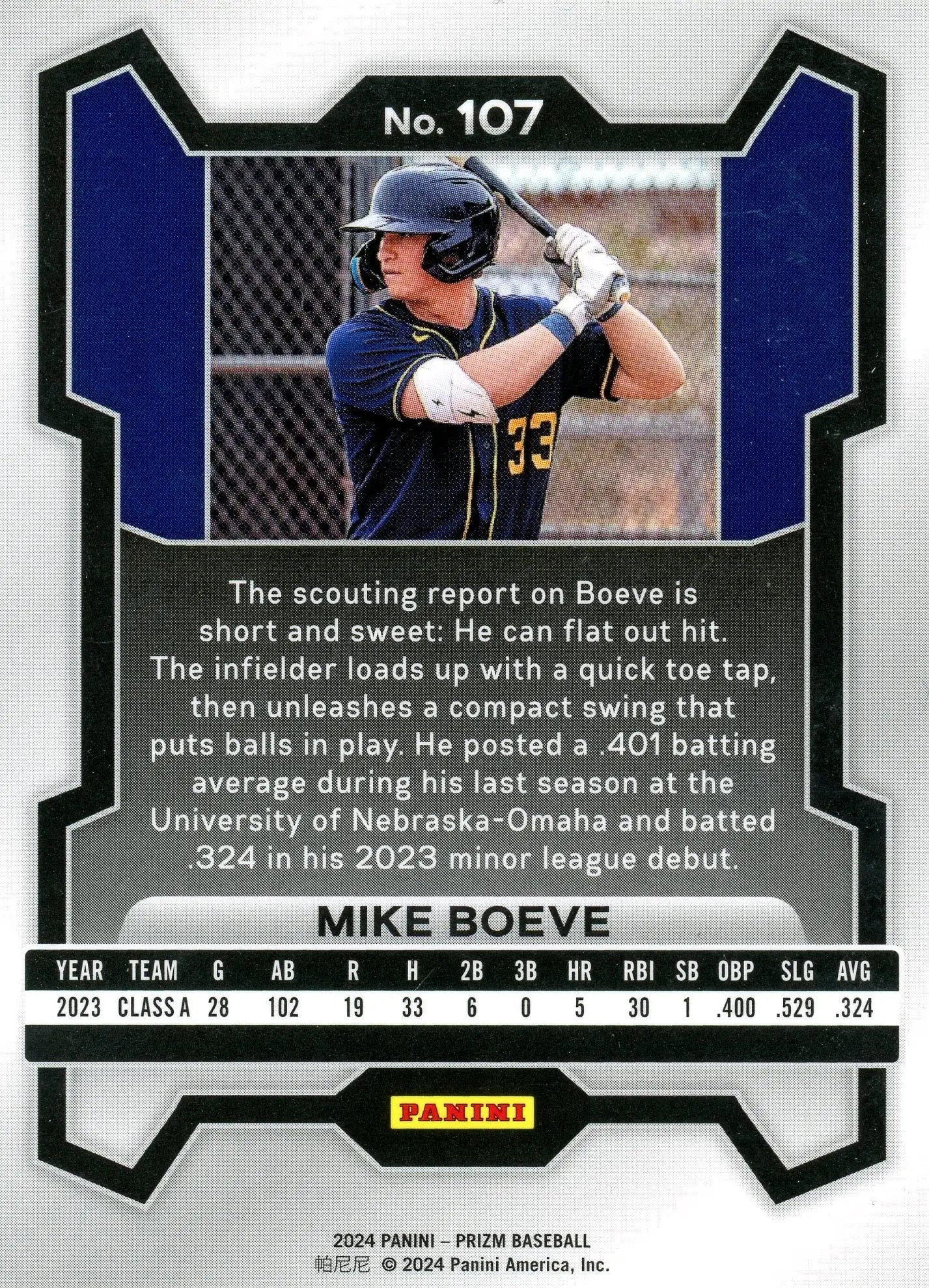 2024 Panini Prizm #107 Mike Boeve Milwaukee Brewers Prospect - Baseball Card Single