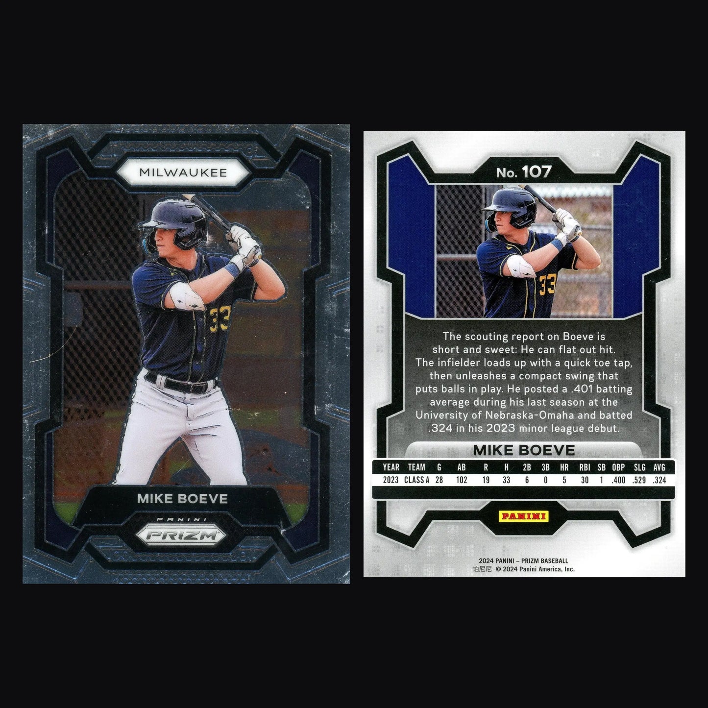 2024 Panini Prizm #107 Mike Boeve Milwaukee Brewers Prospect - Baseball Card Single