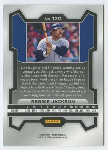 Back of a Reggie Jackson baseball card with statistics from Panini Prizm Original Gloss