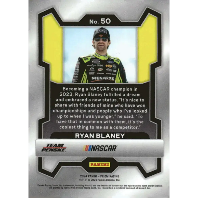2024 Panini Prizm #50 Ryan Blaney NM-MT Menards/Team Penske/Ford Racing Card - Racing Card Single
