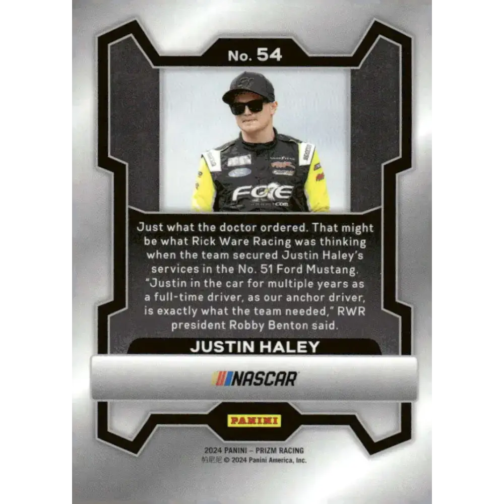 2024 Panini Prizm #54 Justin Haley NM-MT Fraternal Order of Eagles/Rick Ware Racing/Ford Racing Card - Racing Card