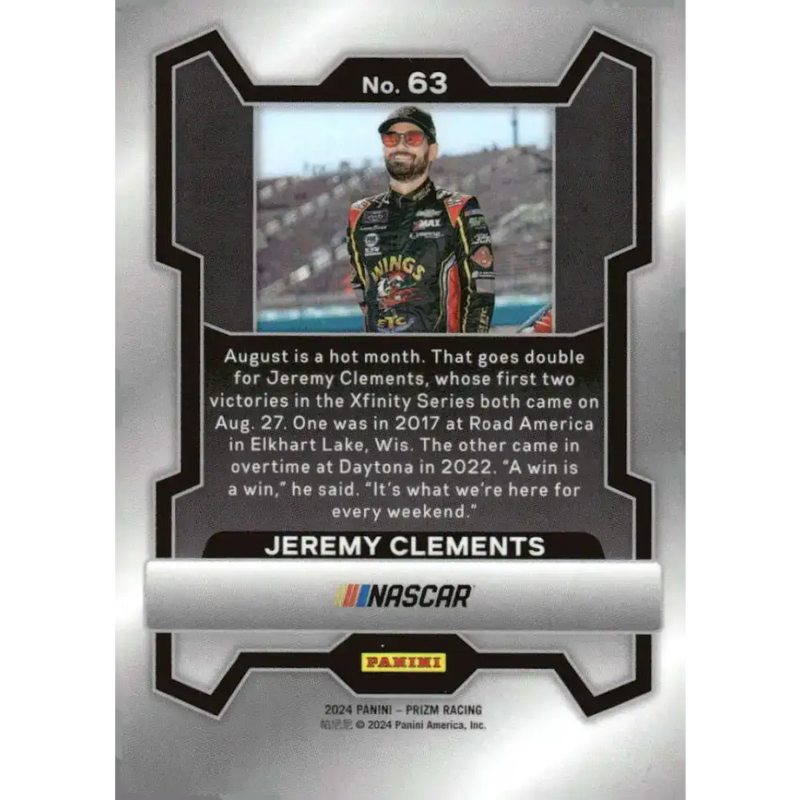 2024 Panini Prizm #63 Jeremy Clements NM-MT Wings Etc Bar and Grill/Jeremy Clements Racing/Chevrolet Racing Card