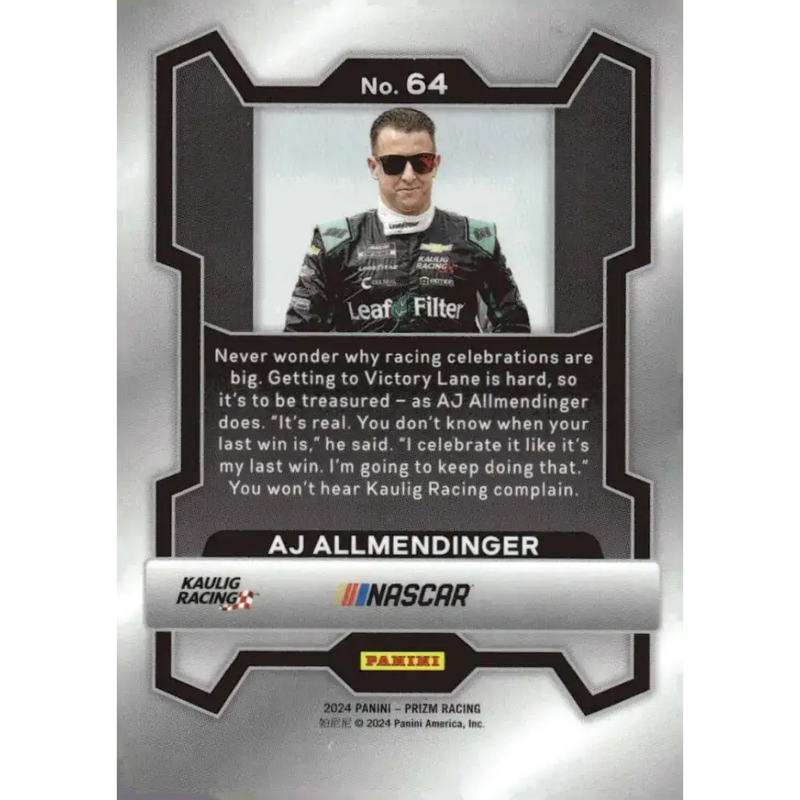 2024 Panini Prizm #64 AJ Allmendinger NM-MT Leaf Filter/Kaulig Racing/Chevrolet Racing Card - Racing Card Single