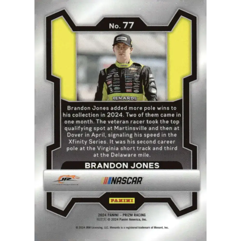 2024 Panini Prizm #77 Brandon Jones NM-MT Menards/JR Motorsports/Chevrolet Racing Card - Racing Card Single