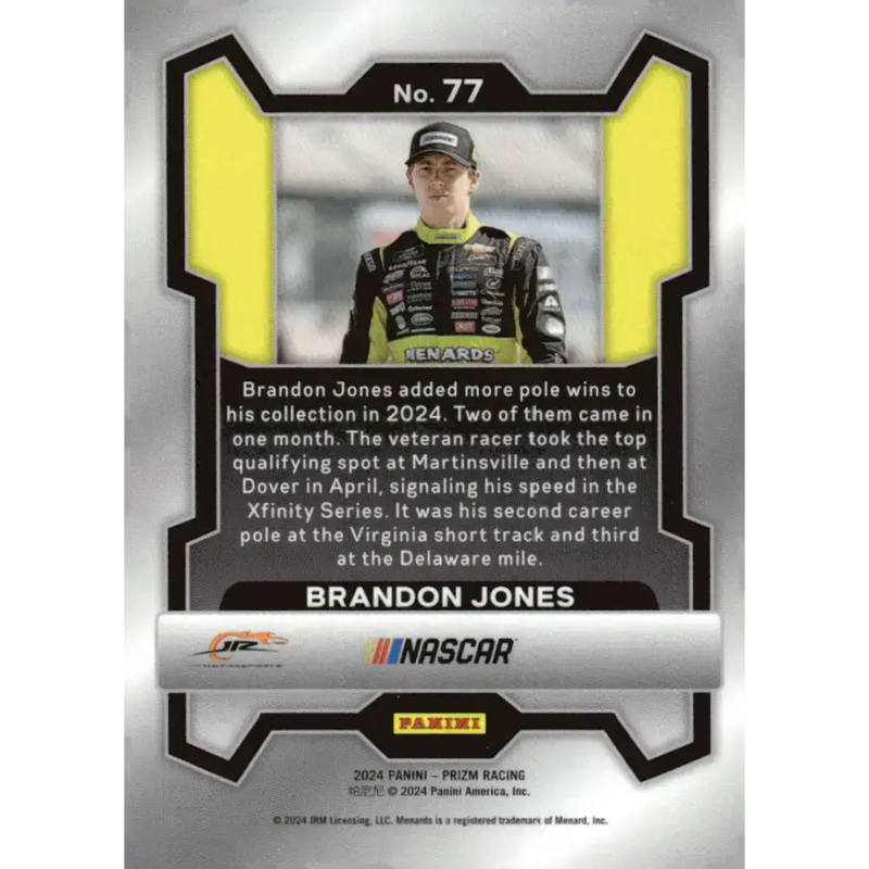 2024 Panini Prizm #77 Brandon Jones NM-MT Menards/JR Motorsports/Chevrolet Racing Card - Racing Card Single