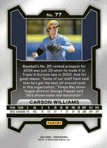 Baseball card back from 2024 Panini Prizm Carson Williams with original gloss