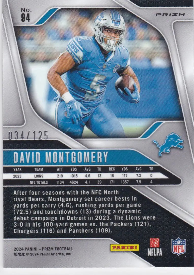 2024 Panini Prizm #94 David Montgomery Purple 34/125 Detriot Lions