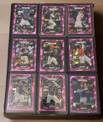 Collection of nine Panini Prizm Baseball Pink Ice Prizm trading cards featuring players