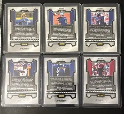 Collection of six protected Panini Prizm Baseball Pink Ice Prizm baseball trading cards