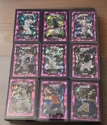 Baseball trading cards featuring pink borders from 2024 Panini Prizm Baseball Pink Ice Prizm lot
