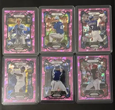 Collection of six Panini Prizm Baseball Pink Ice trading cards in protective cases