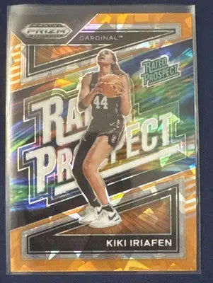 Prizm Cardinal Kiki Iriafen Rated Prospect basketball trading card in orange cracked ice style