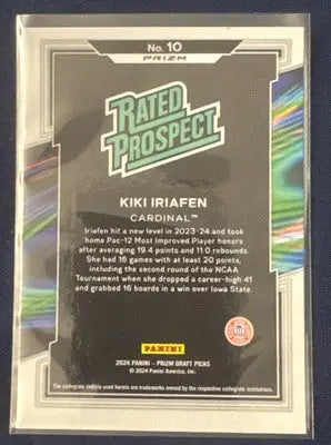 Back of a Kiki Iriafen Panini Prizm basketball card featuring orange cracked ice design