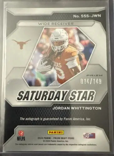 Jordan Whittington football card from 2024 Panini Prizm Draft Saturday Star BLUE AUTO