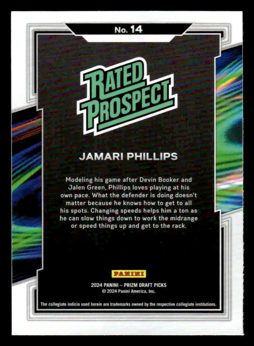 2024 Panini Prizm Draft Picks #14 Jamari Phillips Rated Prospect - Basketball Card Single