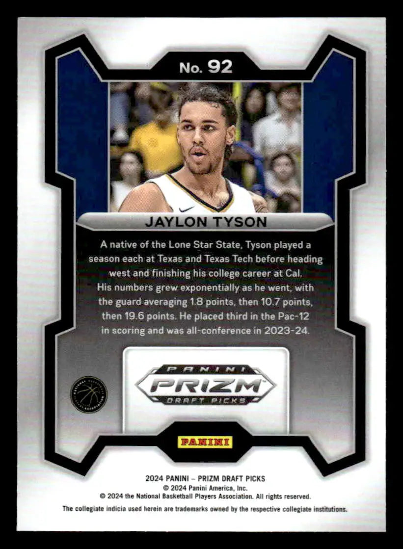 2024 Panini Prizm Draft Picks #92 Jaylon Tyson Base Golden Bears - Basketball Card Single