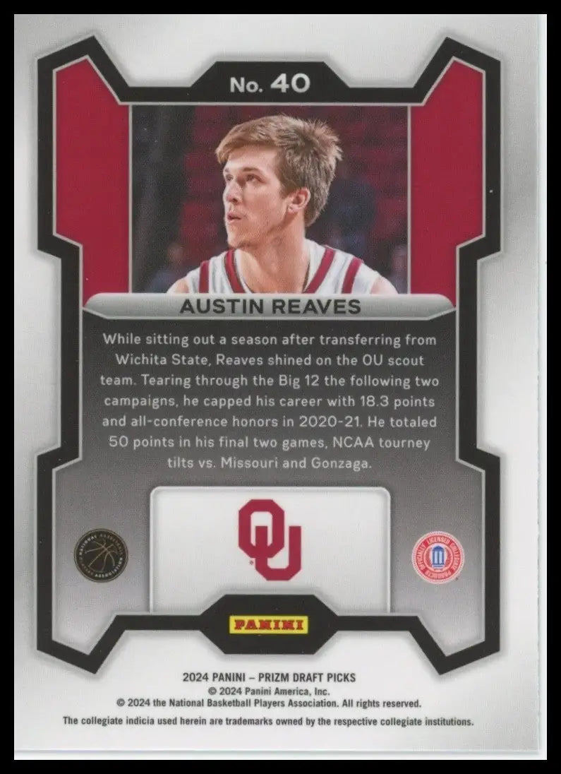 2024 Panini Prizm Draft Picks Austin Reaves #40 Oklahoma Sooners Basketball Card