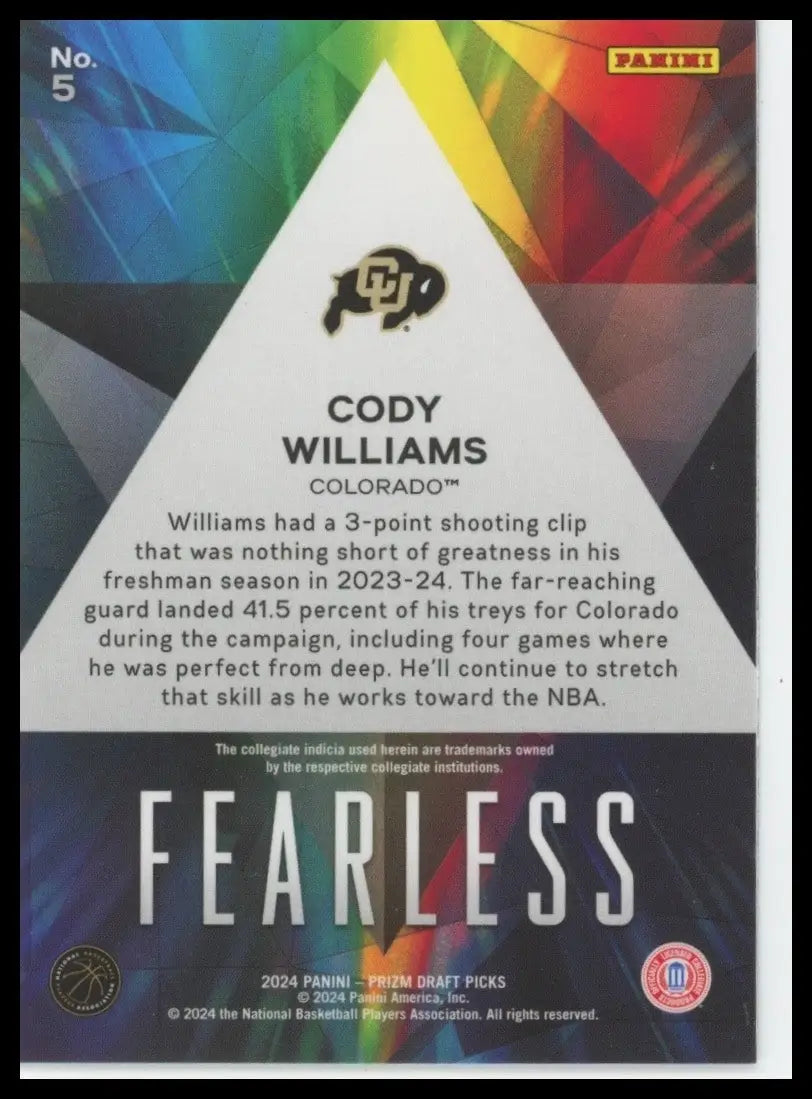 2024 Panini Prizm Draft Picks Fearless Cody Williams #5 Colorado Buffalos Card