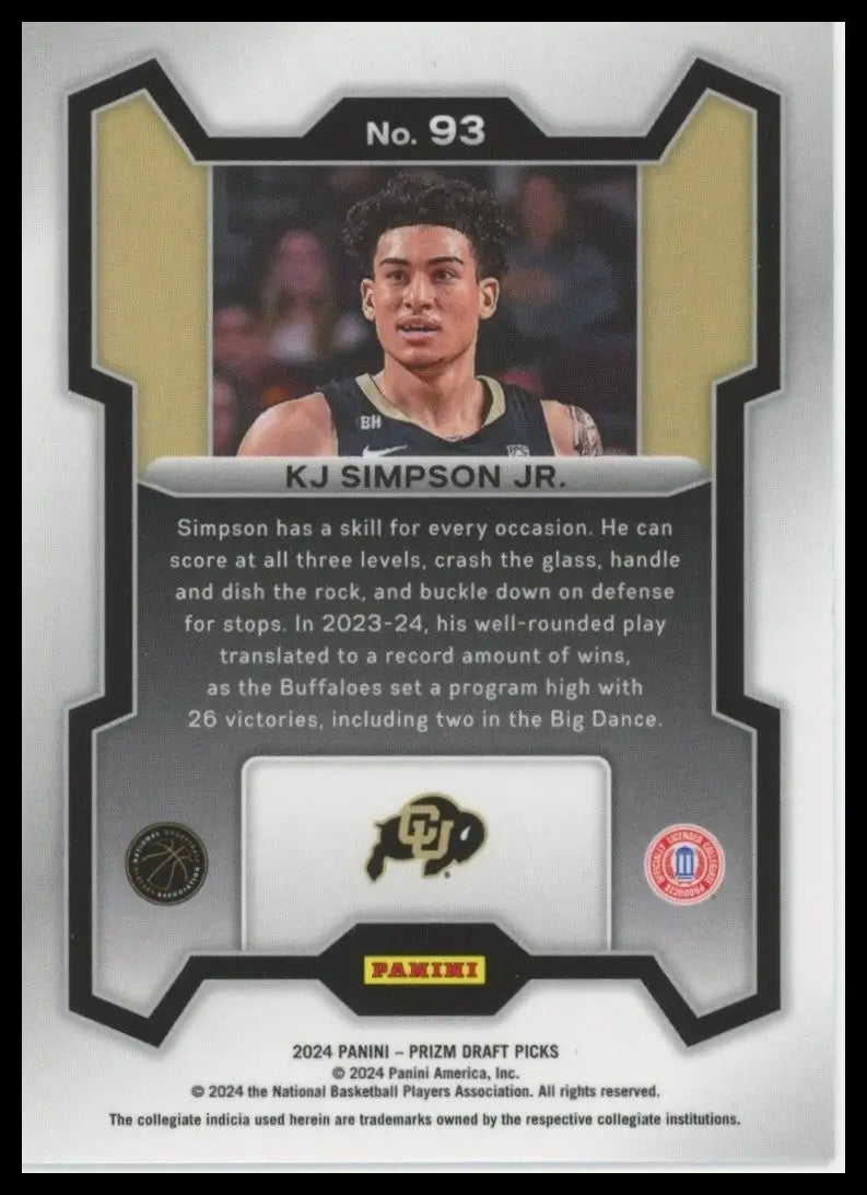 2024 Panini Prizm Draft Picks KJ Simpson Jr #93 Rookie Basketball Card NCAA - Basketball Card Single