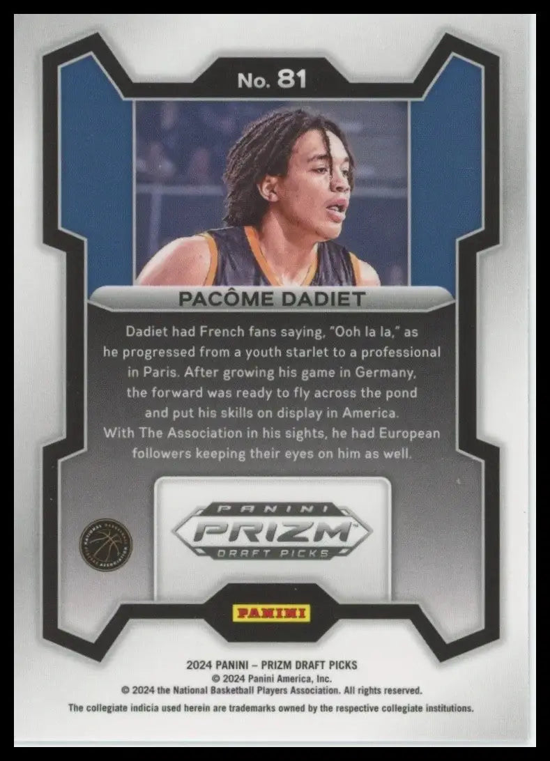 2024 Panini Prizm Draft Picks Pacome Dadiet #81 Rookie Basketball Card NCAA - Basketball Card Single