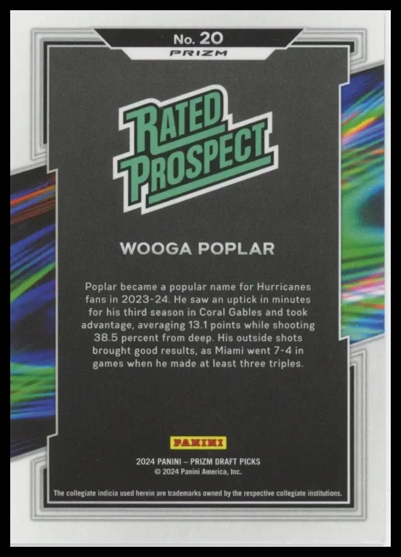 2024 Panini Prizm Draft Picks Rated Prospect Purple Wave Wooga Poplar #20 Card