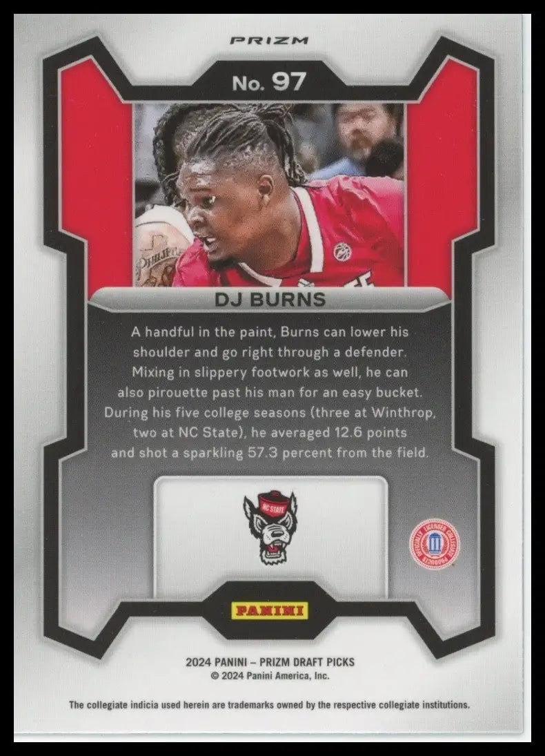 2024 Panini Prizm Draft Picks Silver DJ Burns Rookie #97 NC State Wolfpack NCAA - Basketball Card Single