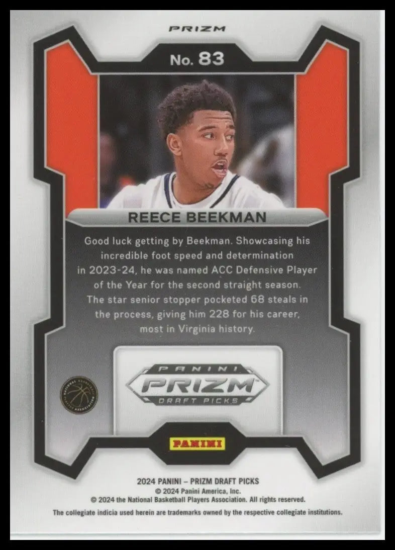 2024 Panini Prizm Draft Picks Silver Reece Beekman Rookie #83 Virginia Cavaliers - Basketball Card Single
