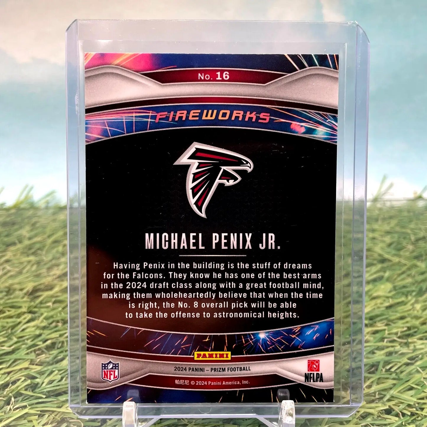 Michael Penix Jr. trading card from 2024 Panini Prizm Fireworks RC #16 Falcons