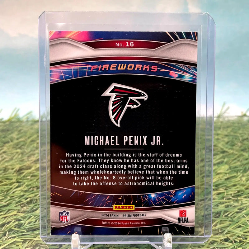 Michael Penix Jr. trading card from 2024 Panini Prizm Fireworks RC #16 Falcons