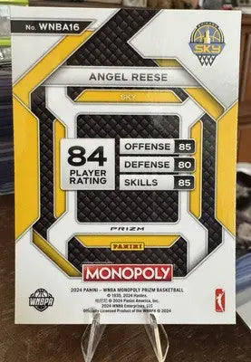 Sports trading card featuring Angel Reese from WNBA in 2024 Panini Prizm Monopoly series