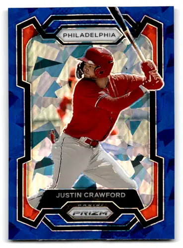 Original gloss on Panini Prizm Prizms Blue Ice baseball trading card featuring Justin Crawford