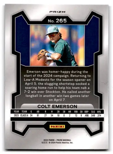 2024 Panini Prizm Prizms Blue Ice Colt Emerson baseball card with stats and player image