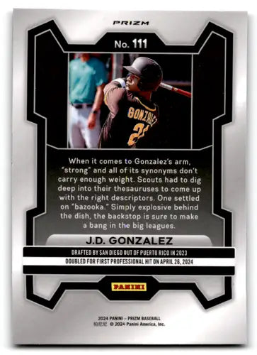 Baseball card back with original gloss from 2024 Panini Prizm Prizms Silver J.D. Gonzalez